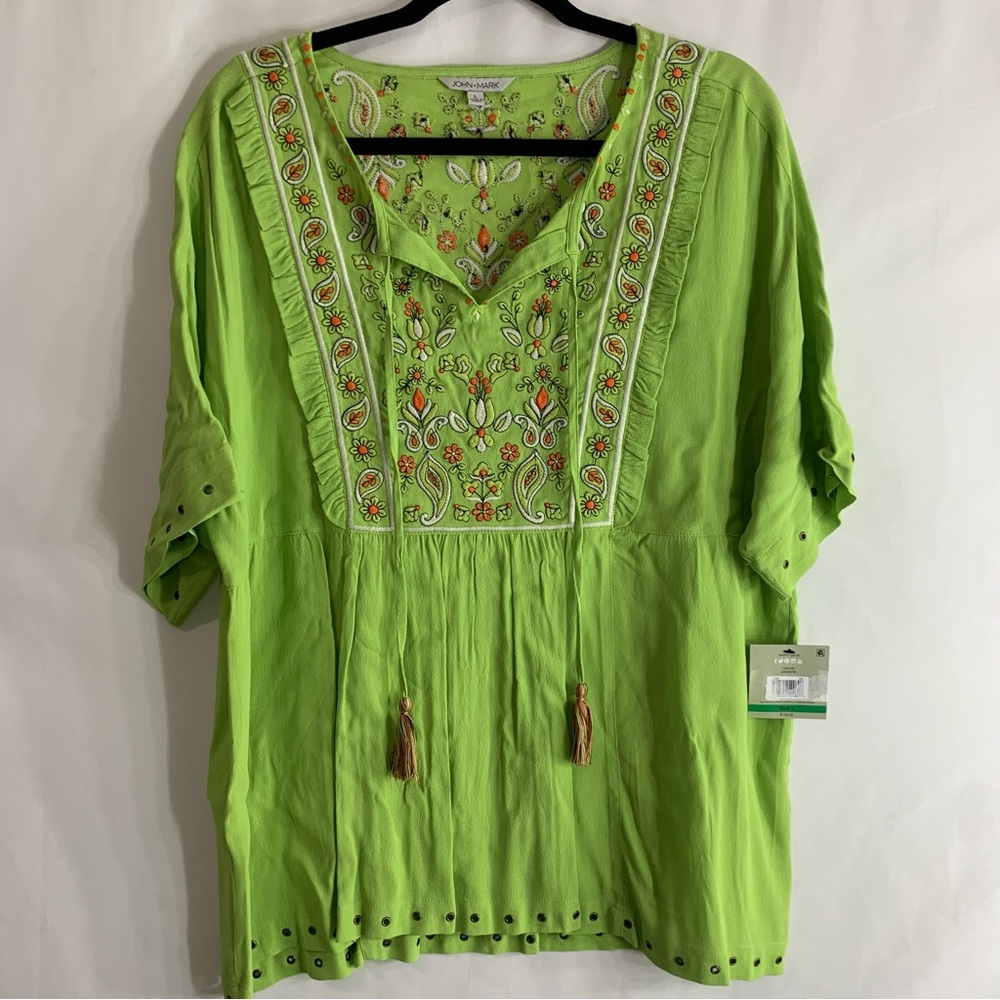 NWT John Mark Lime Green Embroidered Short Sleeve Boho Tunic Top, Size L - Picture 2 of 13